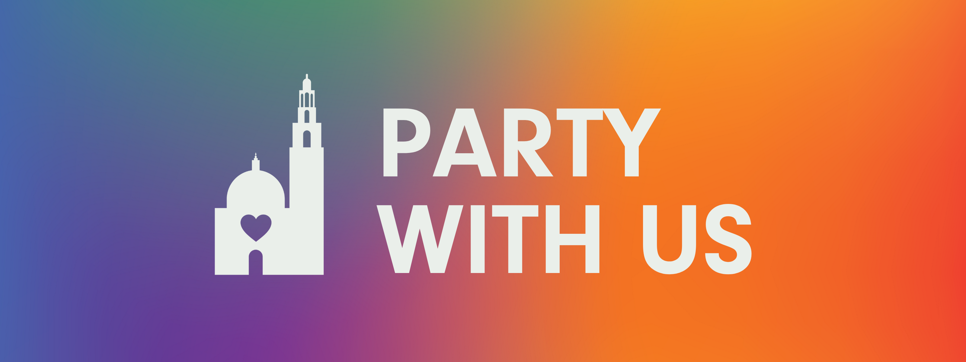 Graphically designed image with a white Tower icon and white text that says Party with Us, on a rainbow gradient background.
