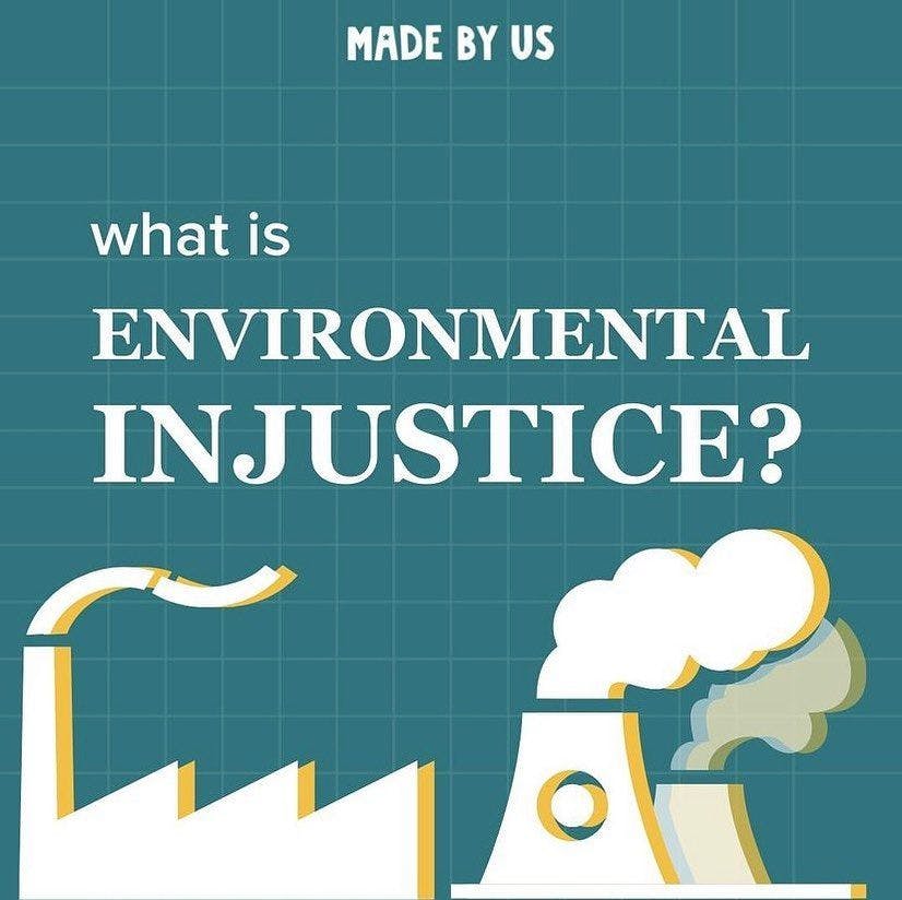 Made by Us: What is environmental justice? is on a blue background with a smoking powerplant graphic at the bottom