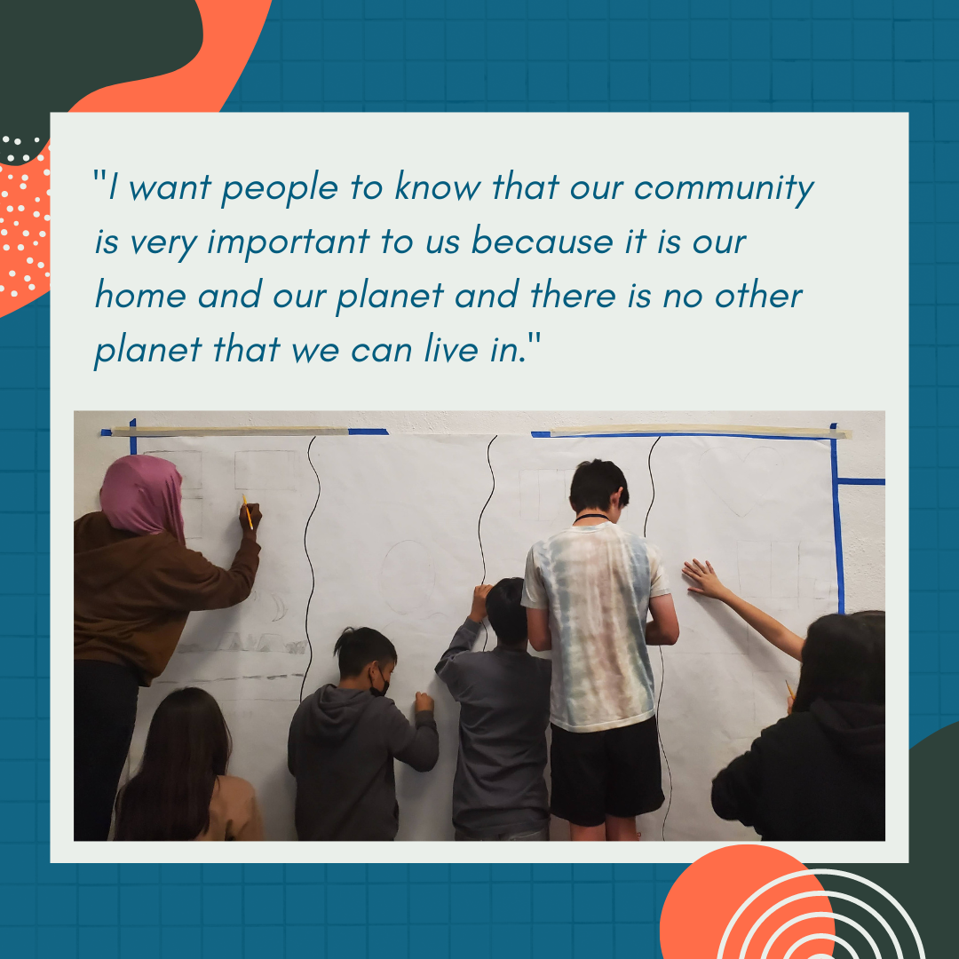 In this graphic, we see six students in front of a large piece of white mural paper taped to the wall in the Museum's education center. The students are focusing on their project, each tracing their designs as they start their collaborative mural. There is a quote paired with this image. This anonymous quote is from one of the students' reflections from the week, and says "I want people to know that our community is very important to us because it is our home and our planet and their is no other planet that we can live in."