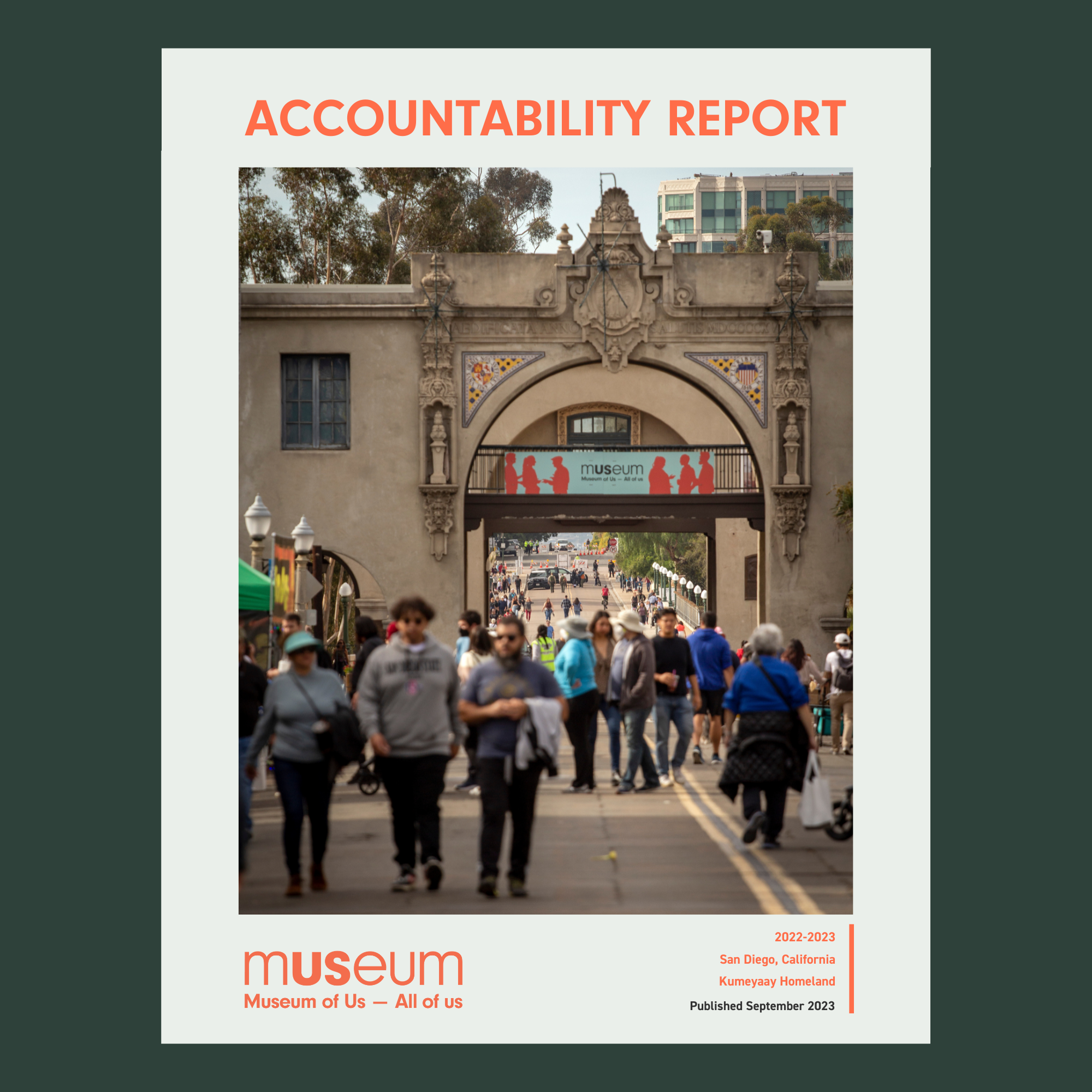 Cover of the 2022-2023 Accountability Report featuring an image of visitors walking in front of the Museum building.