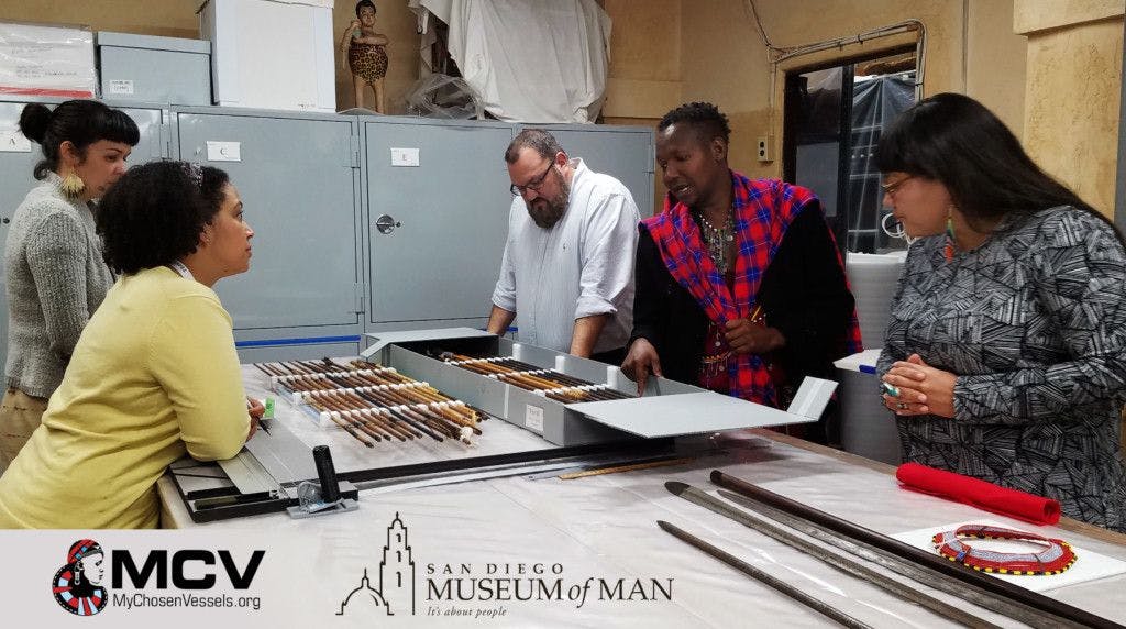 Maasai Cultural Ambassador Ole Sankale examines and discusses a row of spears in a box on a table, surrounded by a team of Museum staff listening.