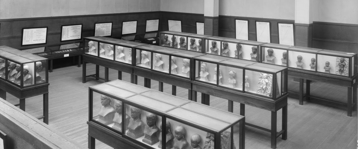 Black-and-white photograph of an exhibition of many busts on display in vitrines.