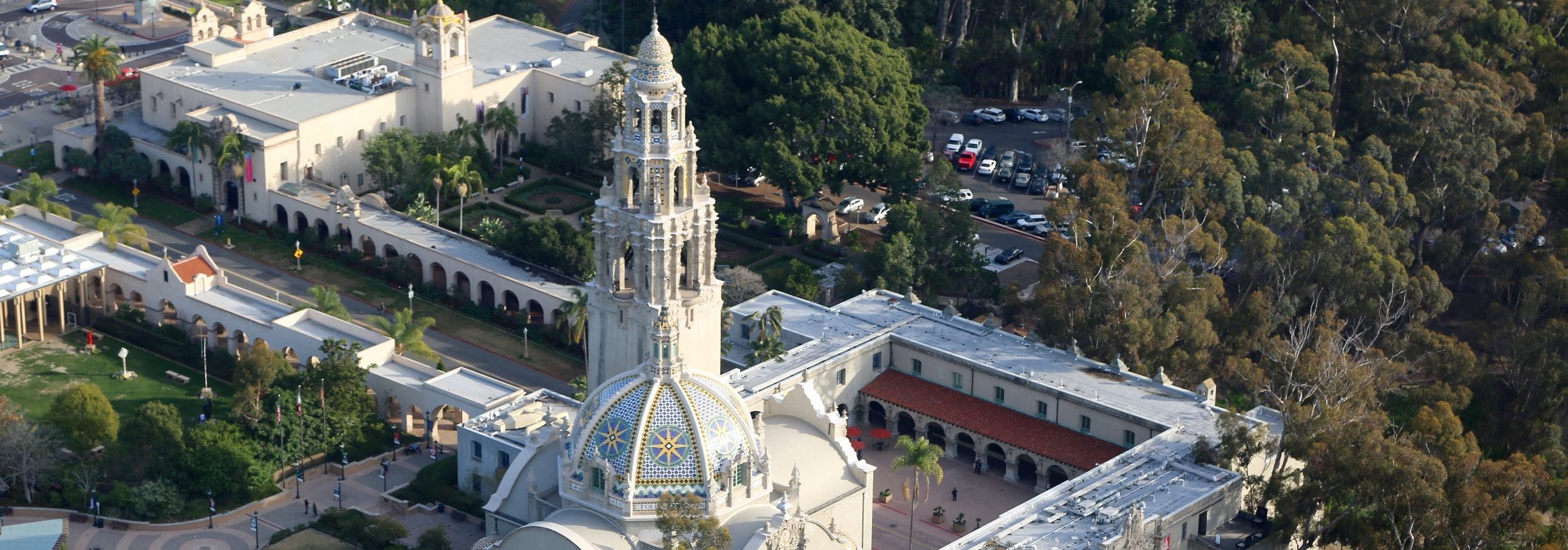 An aerial image of the Museum of Us and California Tower.