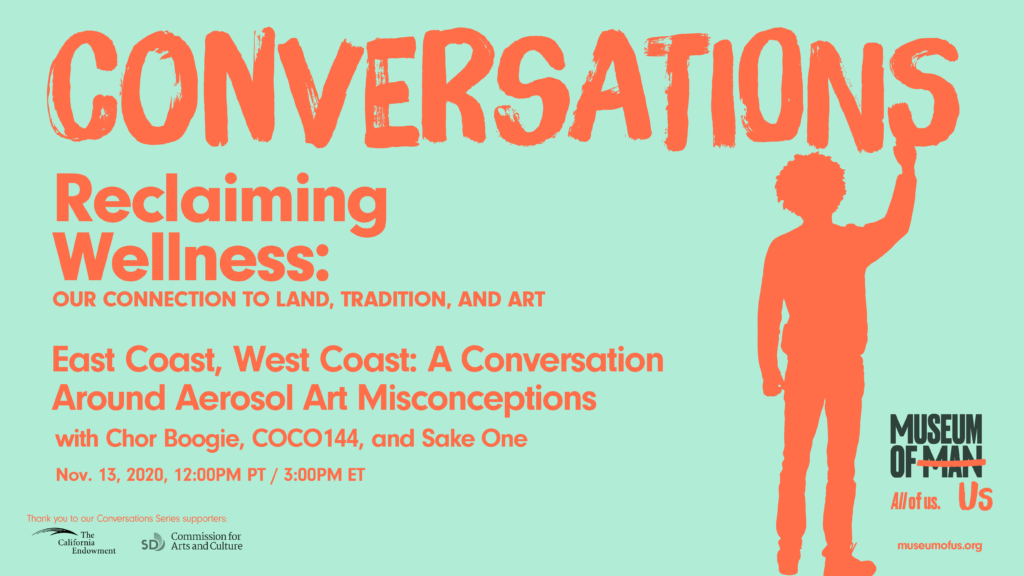 Poster with info for event entitled 'East Coast, West Coast: A Conversation Around Aerosol Art Misconceptions'