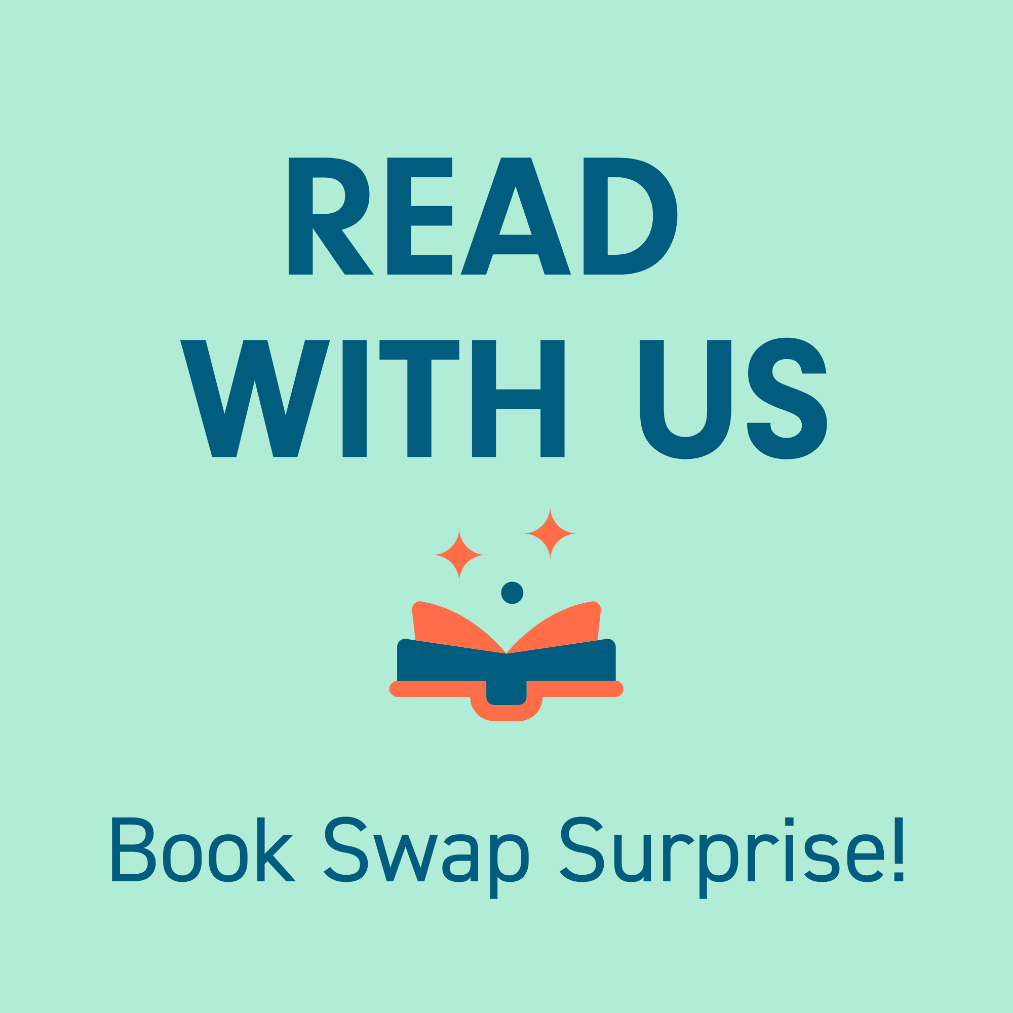 A graphic image on a light blue background with dark blue text that says READ WITH US Book Swap Surprise!